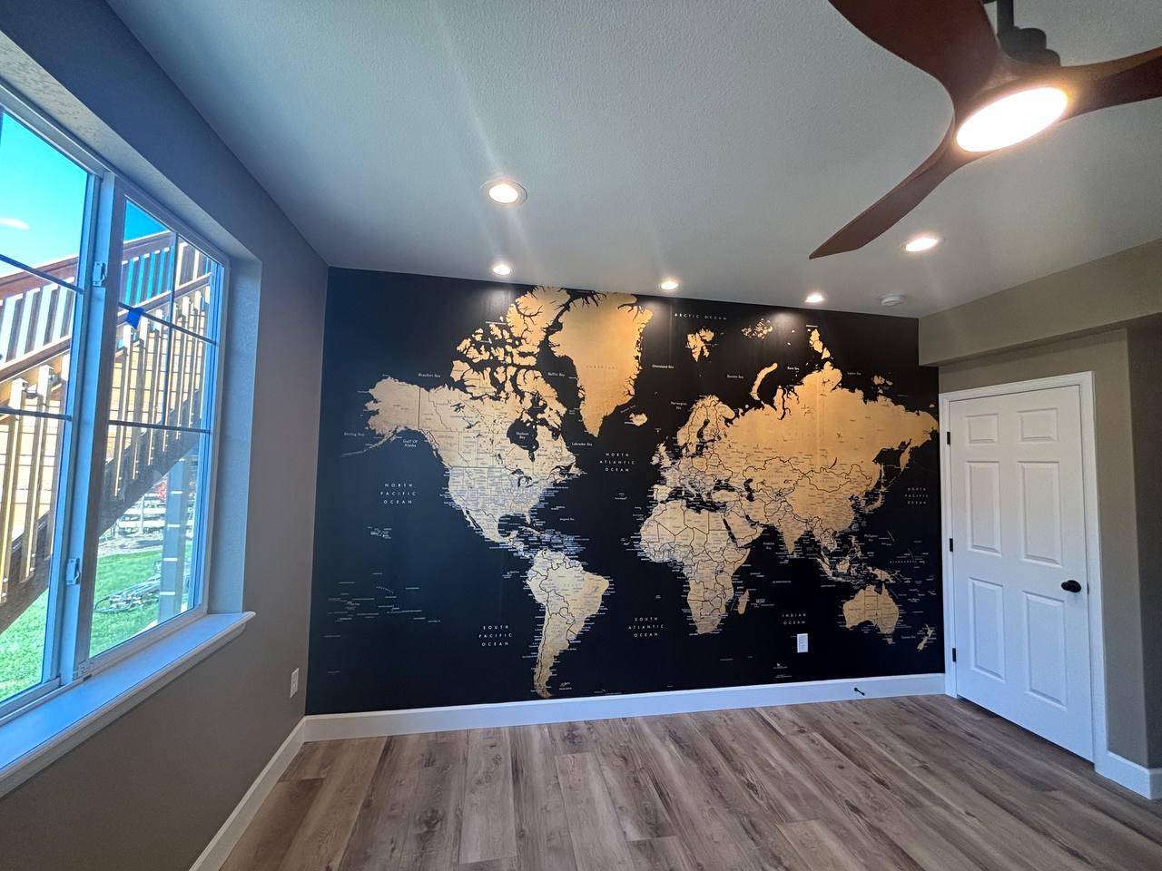 Decorative world map mural wallpaper in residential interior