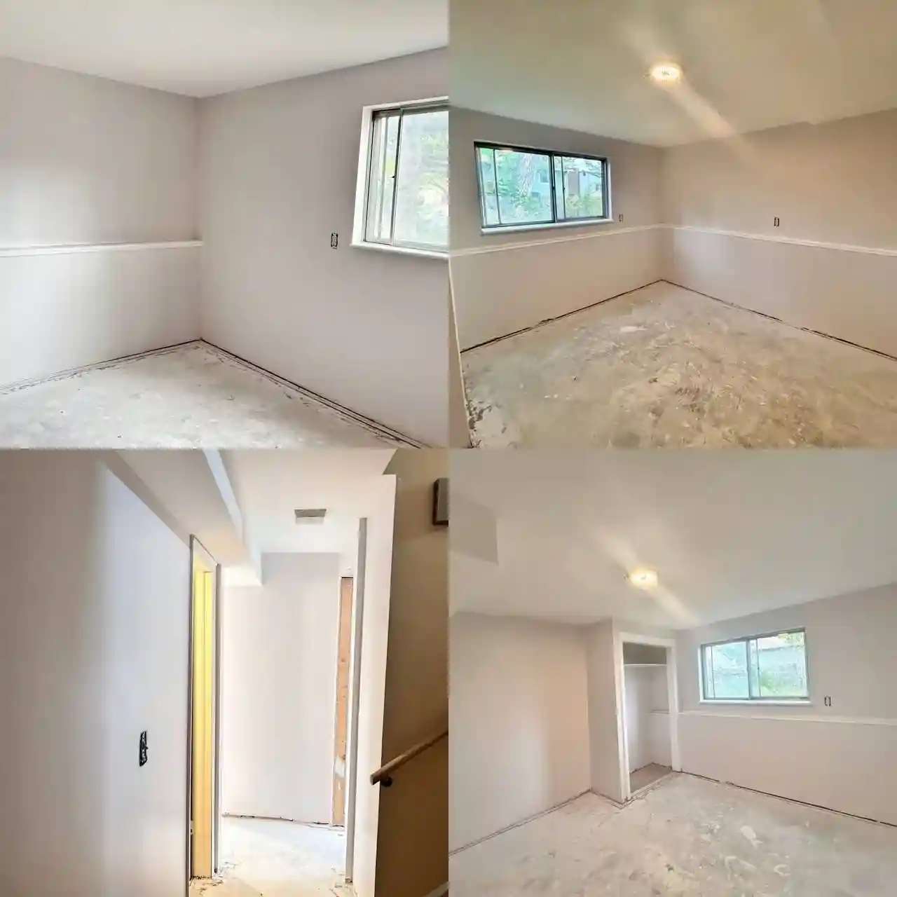 Basement room painting project with repaired walls and ceiling