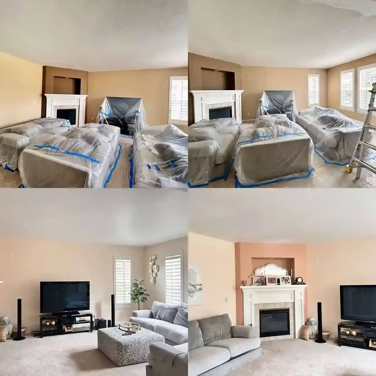Living room interior repaint with neutral colors and finished trim