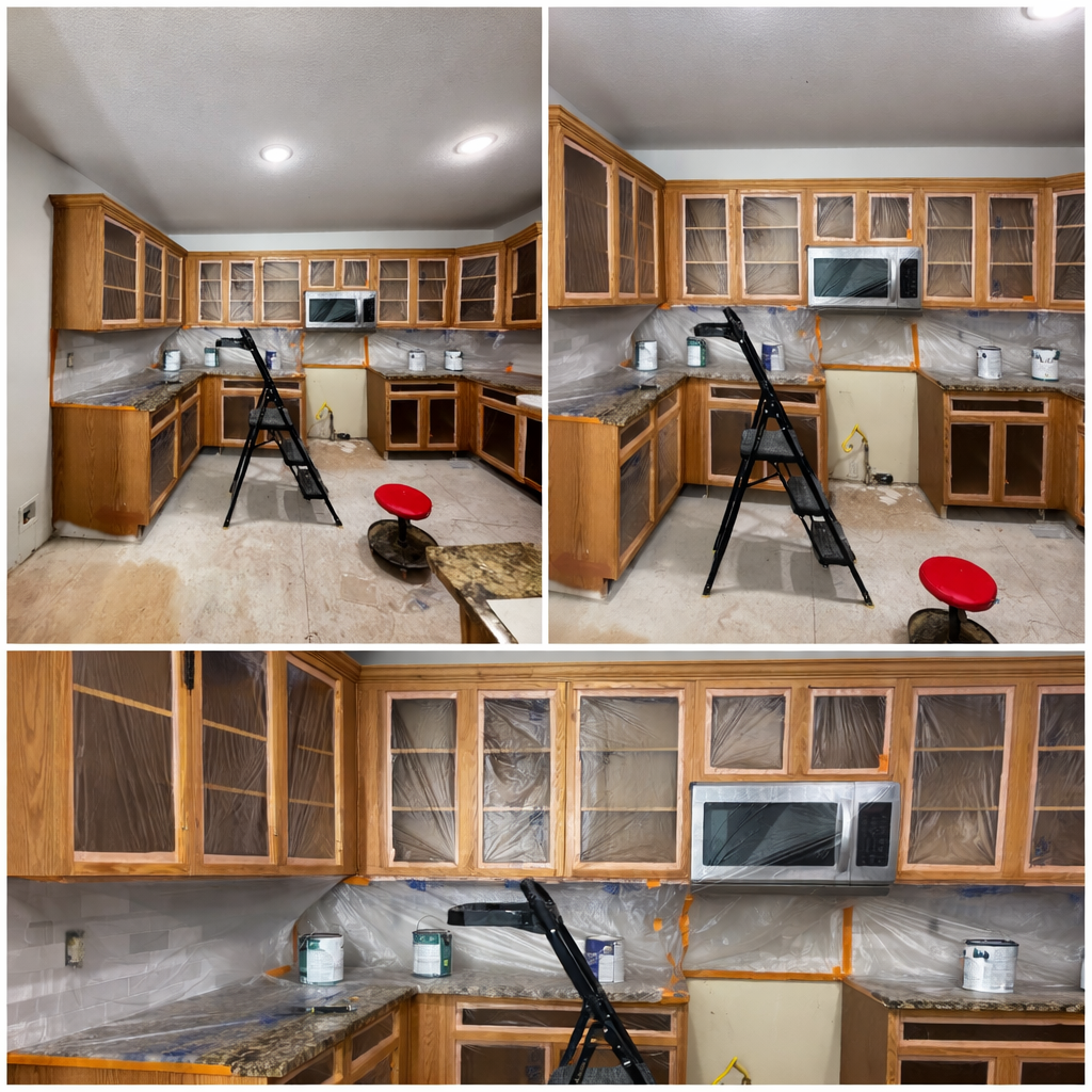 Kitchen cabinets masked for repainting during renovation process