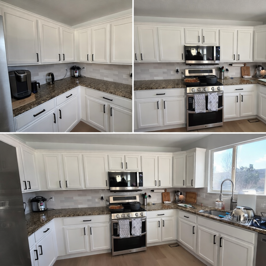 Finished white kitchen interior after professional painting and wall preparation