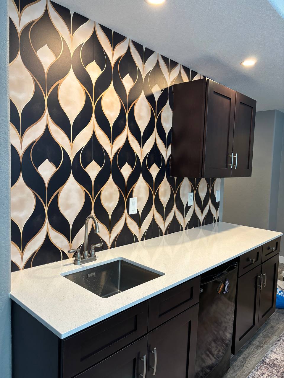 Clean and precise wallpaper hanging in contemporary home interior